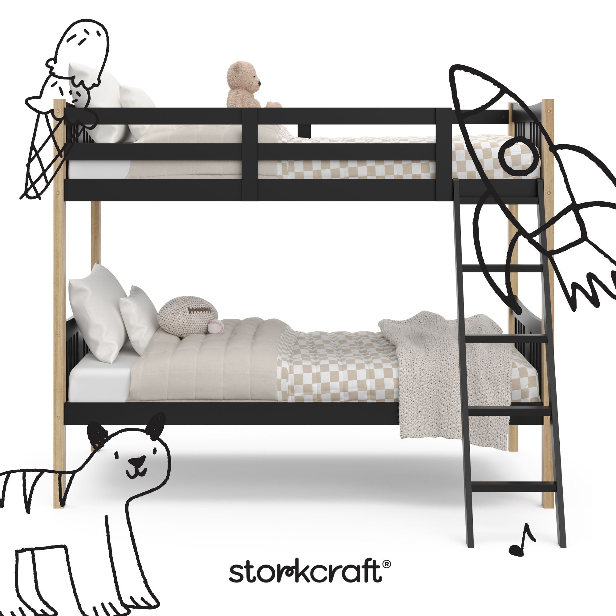 Caribou black with natural twin over twin bunk bed with black doodles overlaid on image