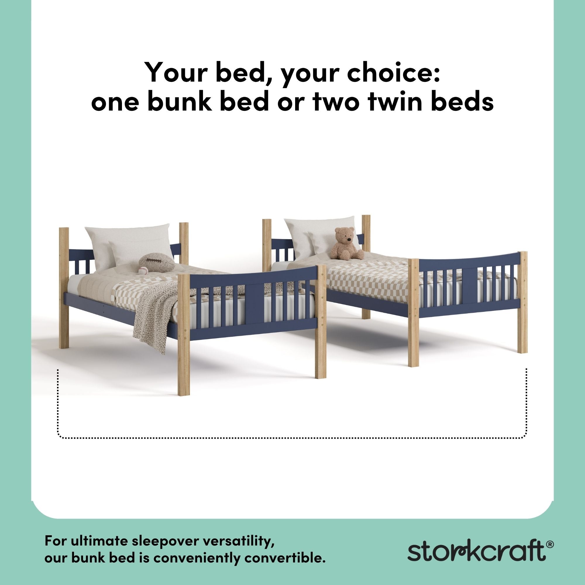 Caribou midnight blue with natural twin over twin bunk bed convertible callout