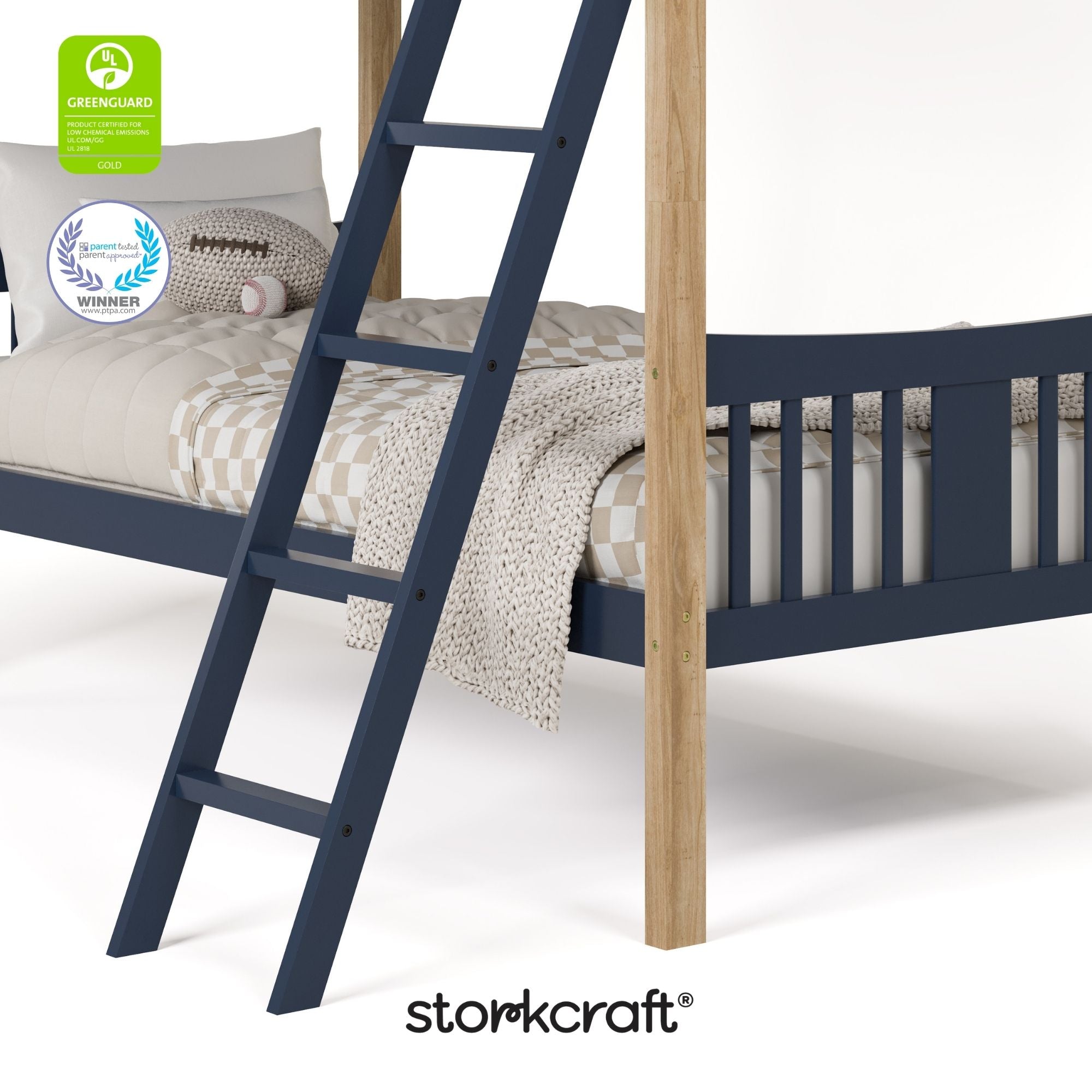 Caribou midnight blue with natural twin over twin bunk bed with GGG and PTPA logo on top left