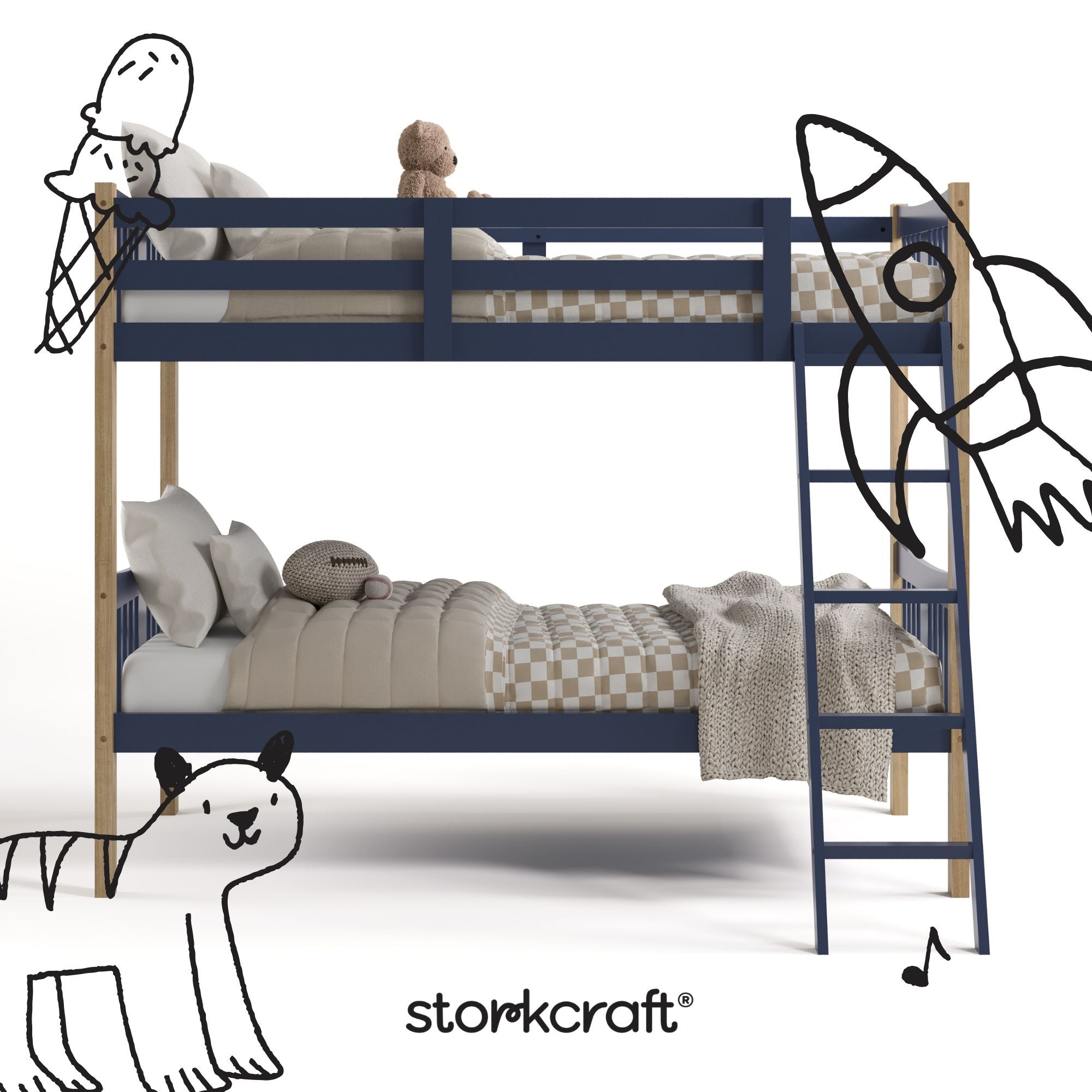 Caribou midnight blue with natural twin over twin bunk bed with black doodles overlaid on image