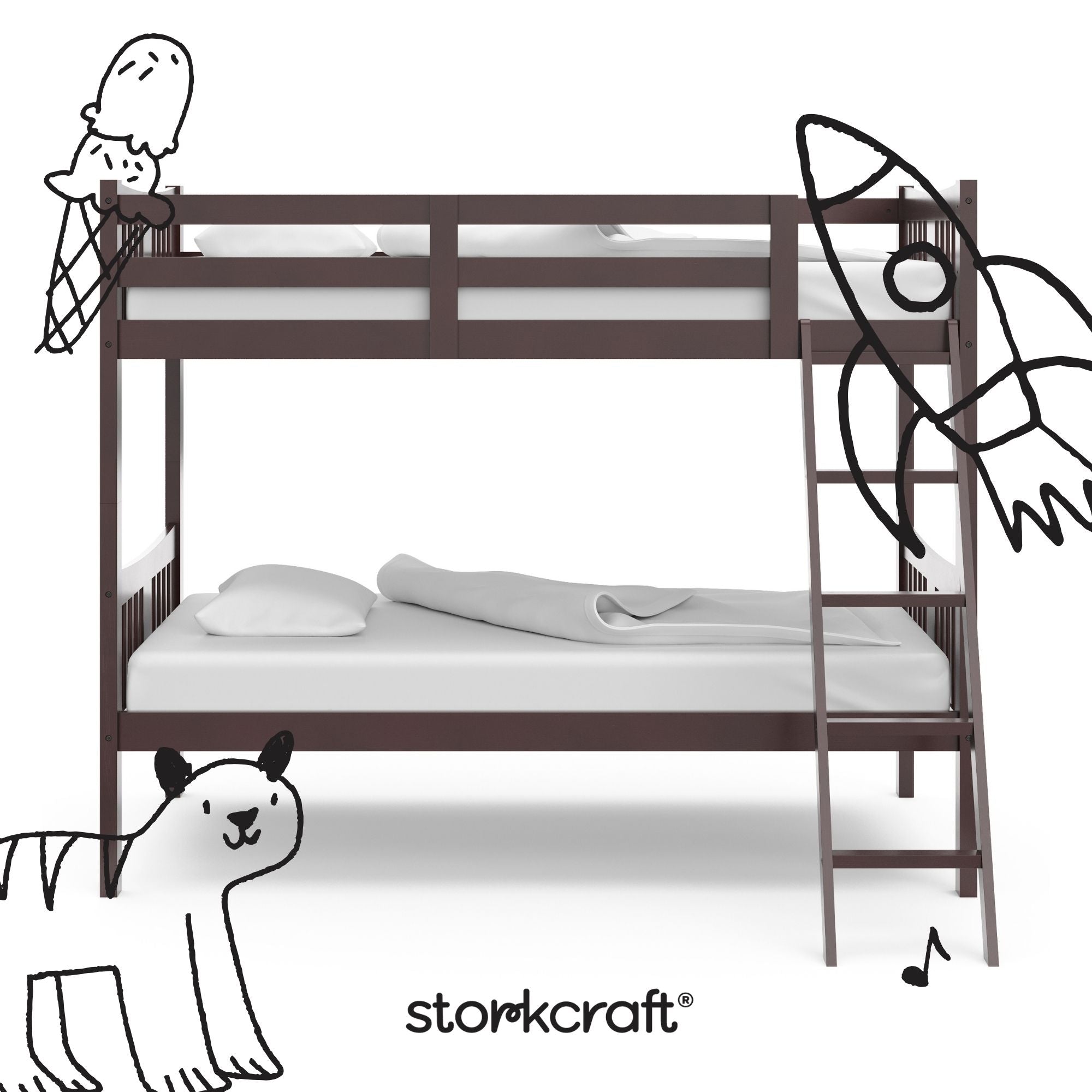 Caribou espresso twin over twin bunk bed with black doodles overlaid on image

