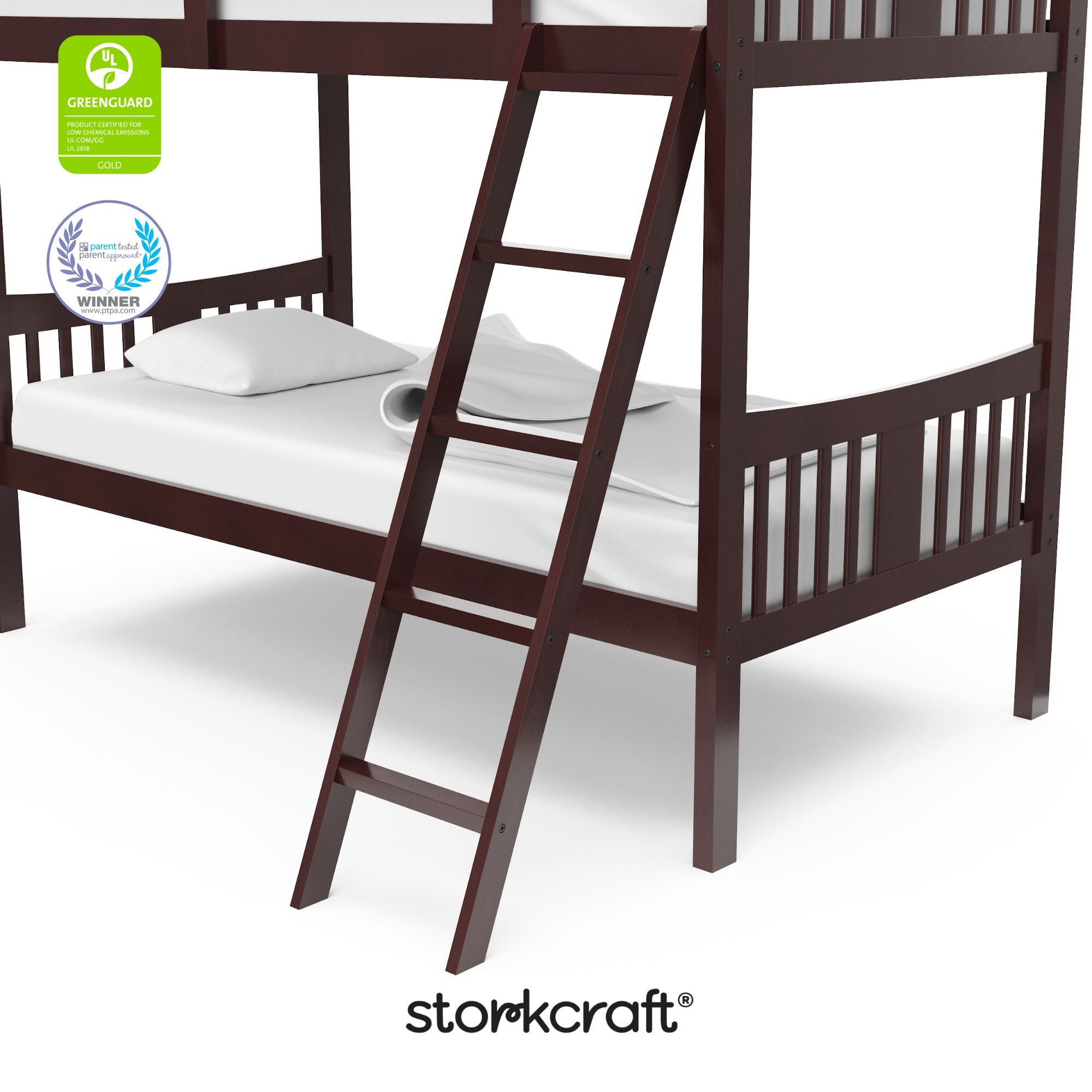 Caribou espresso twin over twin bunk bed with GGG and PTPA logo on top left