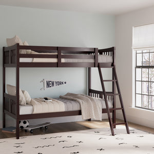 navy bunk bed with fixed ladder in nursery 