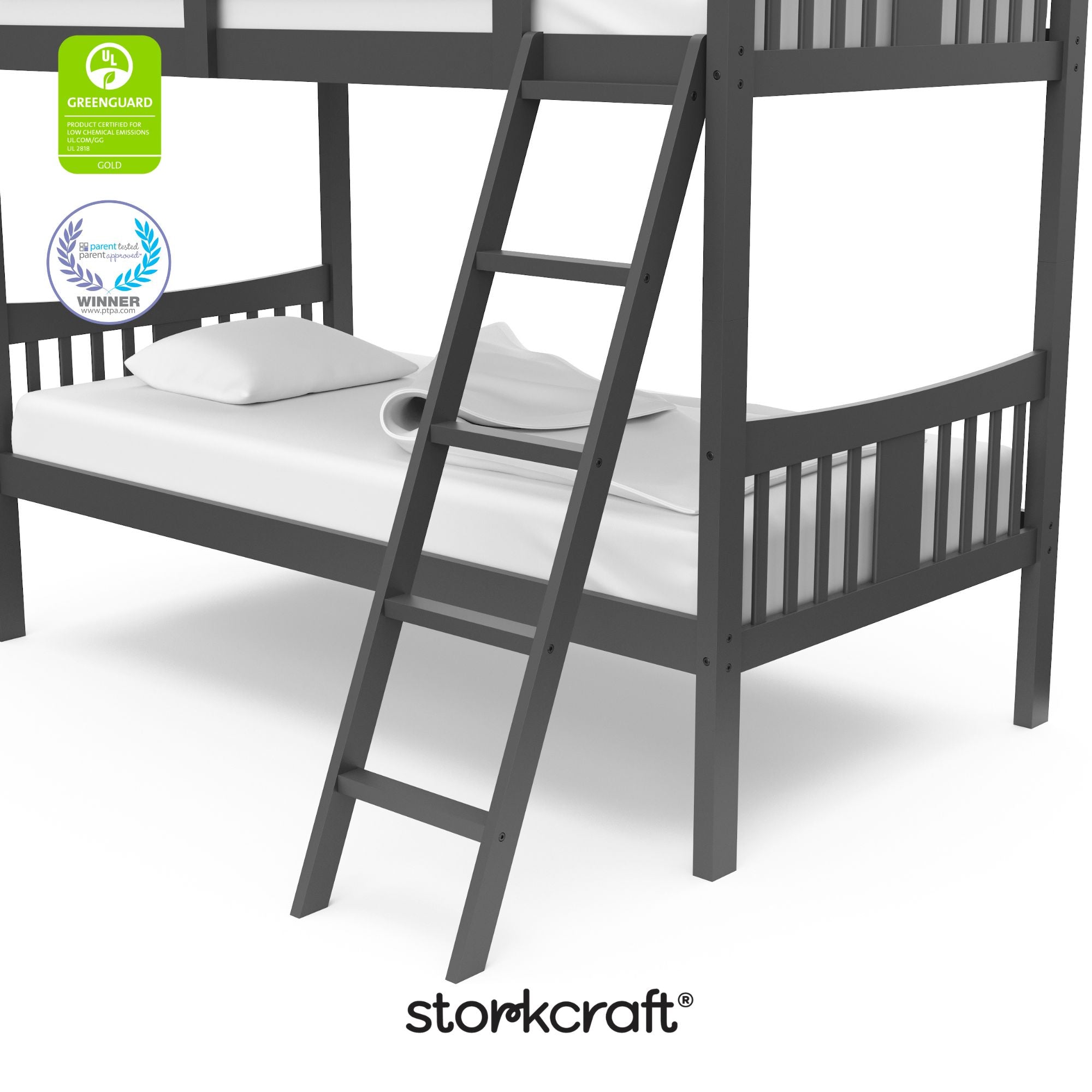 Caribou gray twin over twin bunk bed with GGG and PTPA logo on top left