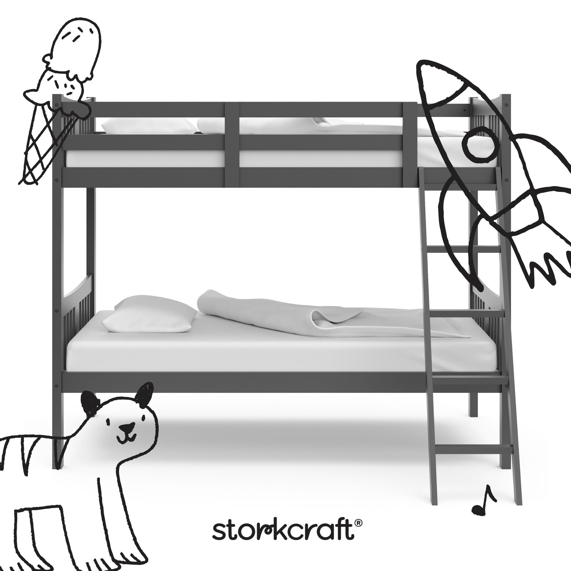 Caribou gray twin over twin bunk bed with black doodles overlaid on image