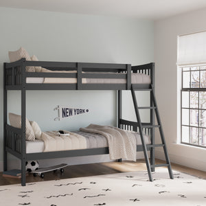 Gray bunk bed with fixed ladder in nursery 