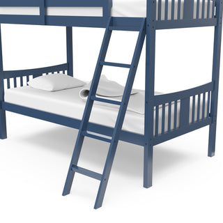 navy bottom bunk bed with fixed ladder close-up view