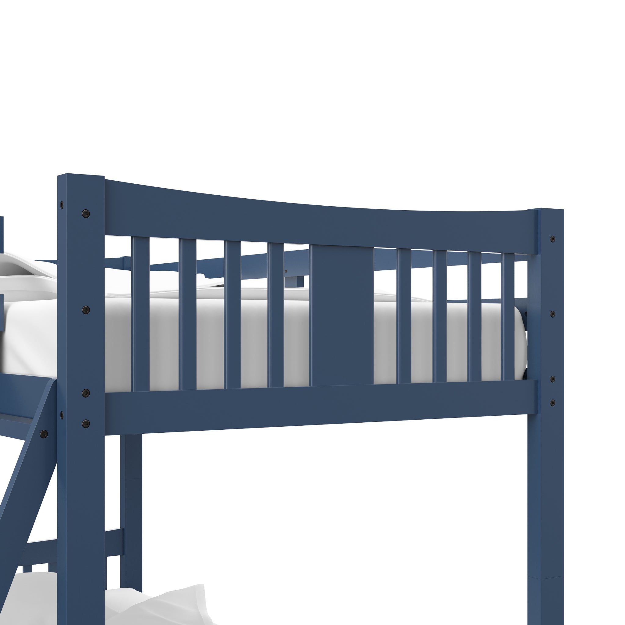 close-up view of navy bunk bed headboard