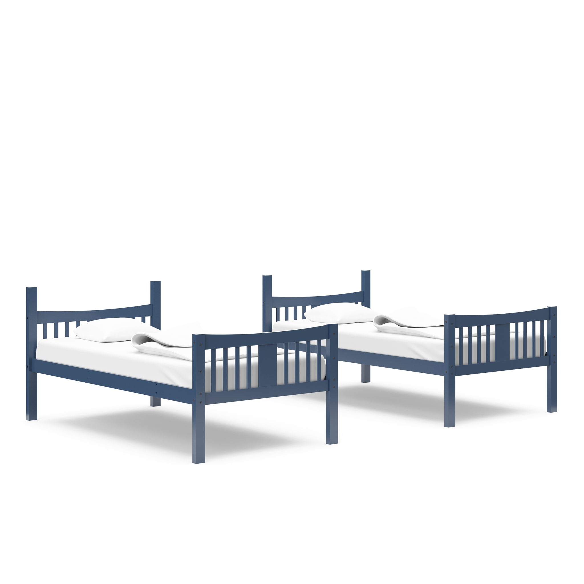 navy bed configured as two separate twin beds in nursery