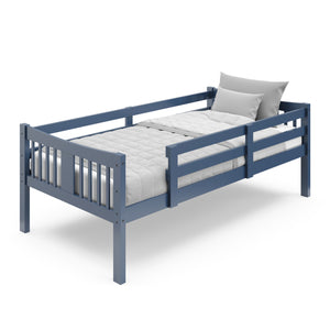 navy twin bed with bedding
