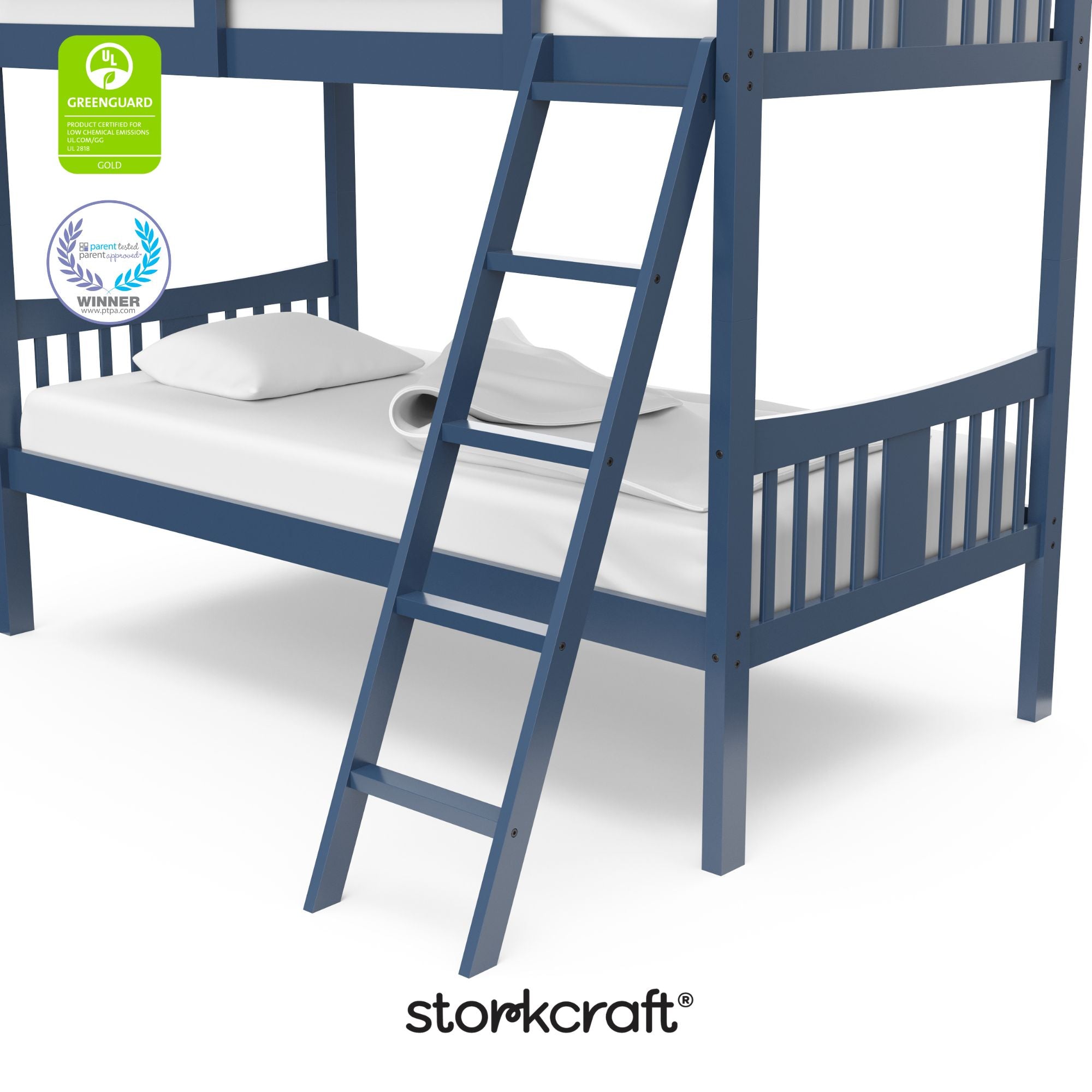 Caribou navy twin over twin bunk bed with GGG and PTPA logo on top left