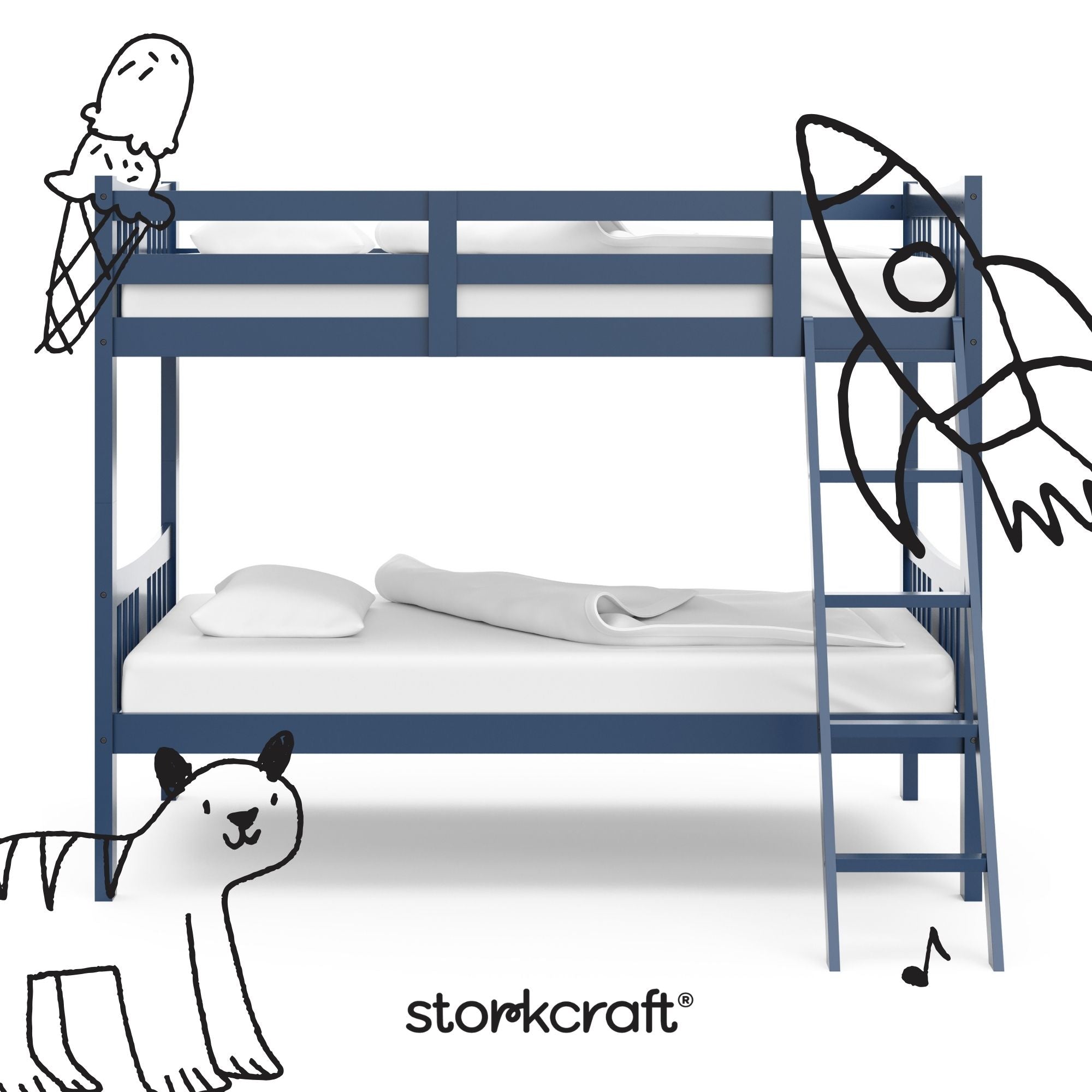 Caribou navy twin over twin bunk bed with black doodles overlaid on image
