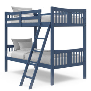 navy  bunk bed with fixed ladder angled with bedding