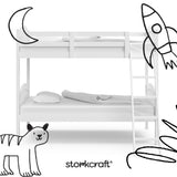 storkcraft long horn white twin over twin bunk bed with black cartoon drawings