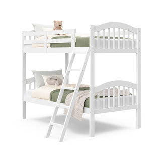 white bunk bed with 5-step ladder and green bedding
