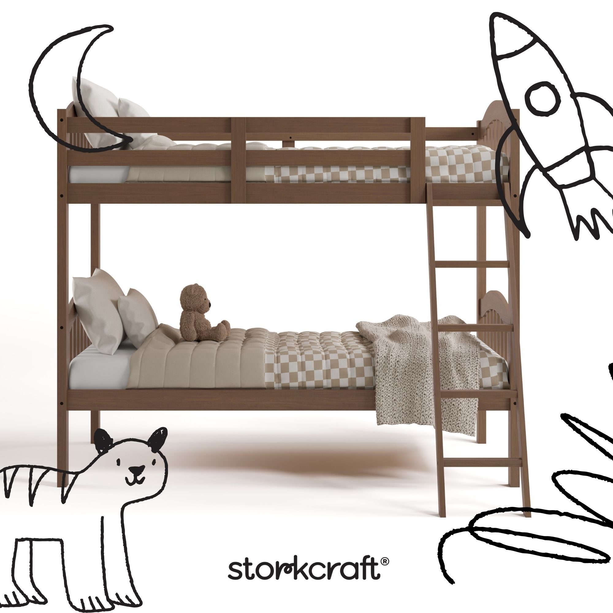 long horn hazelnut twin over twin bunk bed with black doodles overlaid on image