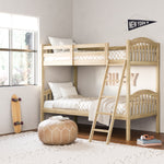 storkcraft long horn natural twin over twin bunk bed in kids room by window