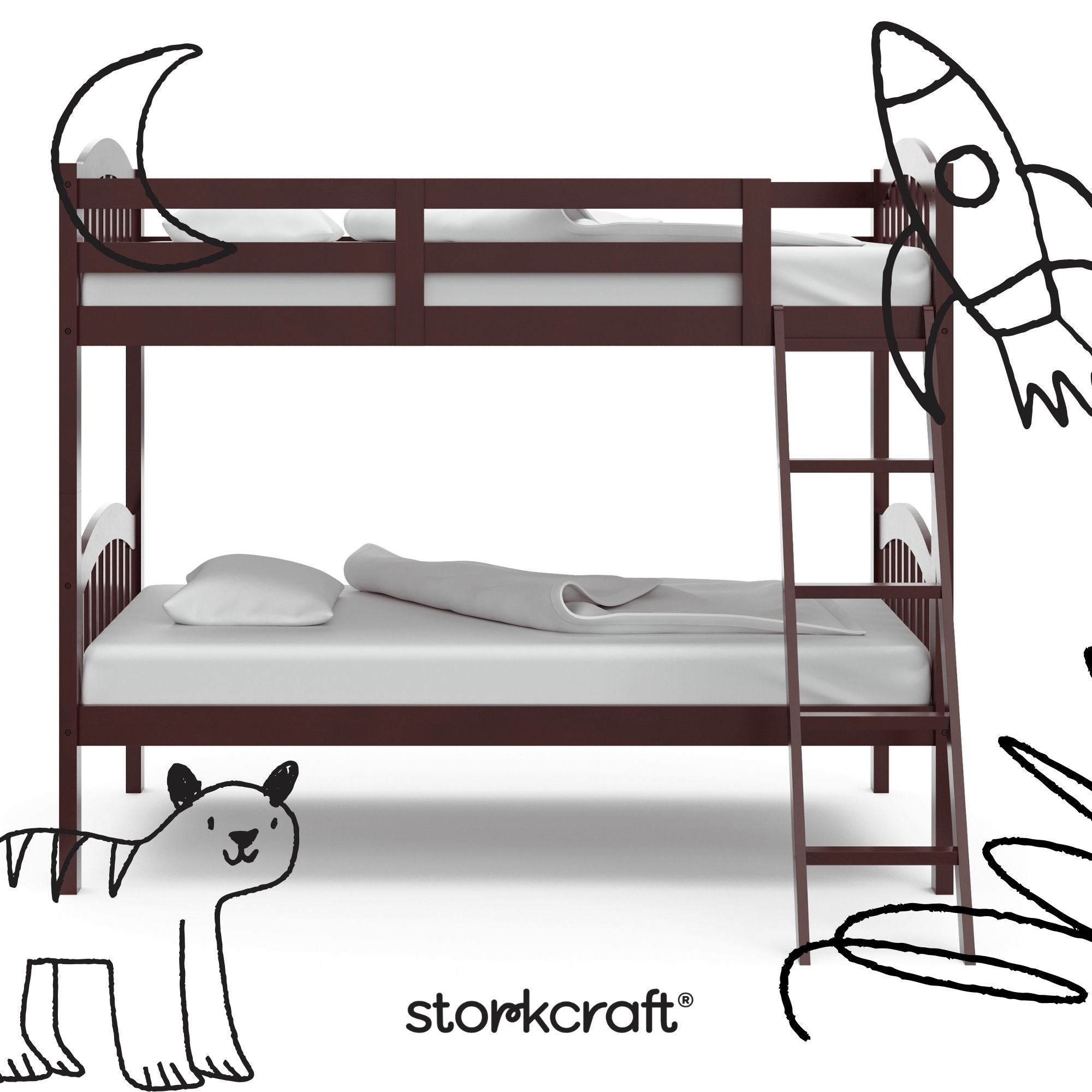long horn espresso twin over twin bunk bed with black doodles overlaid on image