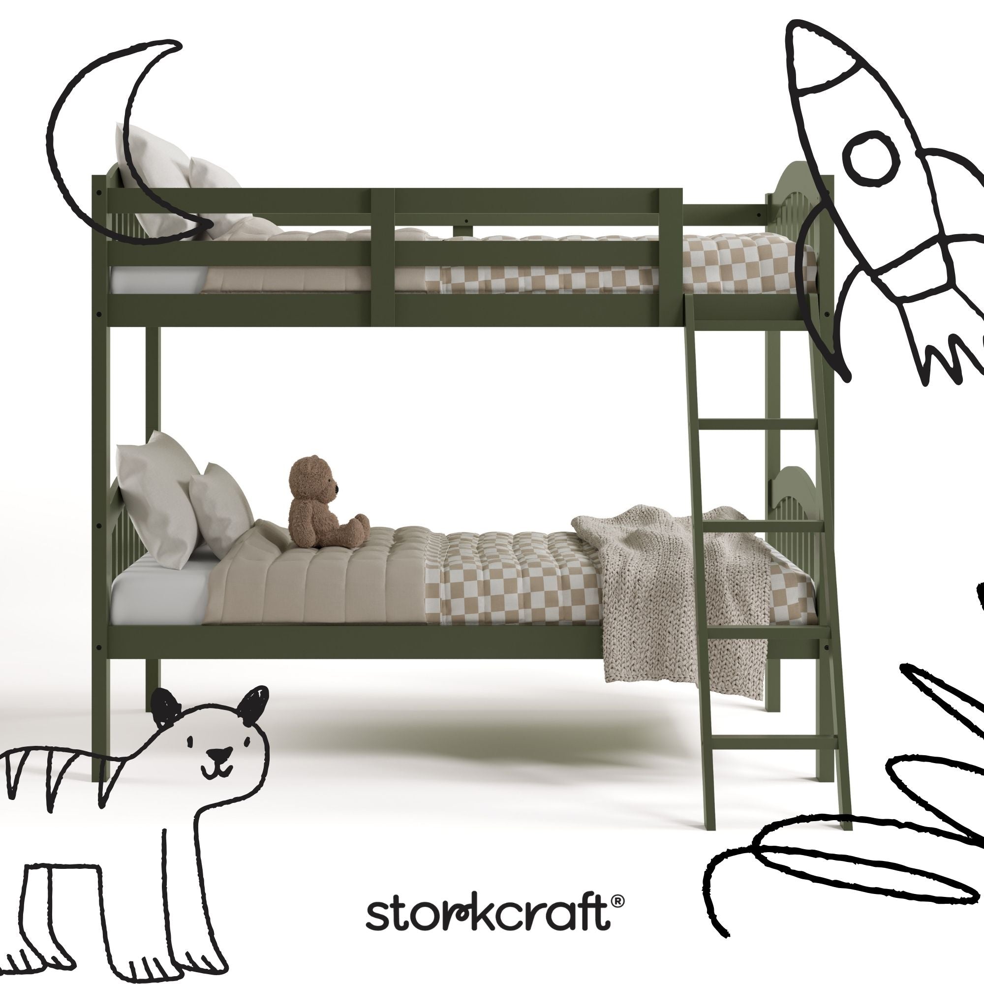 long horn olive twin over twin bunk bed with black doodles overlaid on image