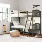 storkcraft long horn olive twin over twin bunk bed in kids room by window