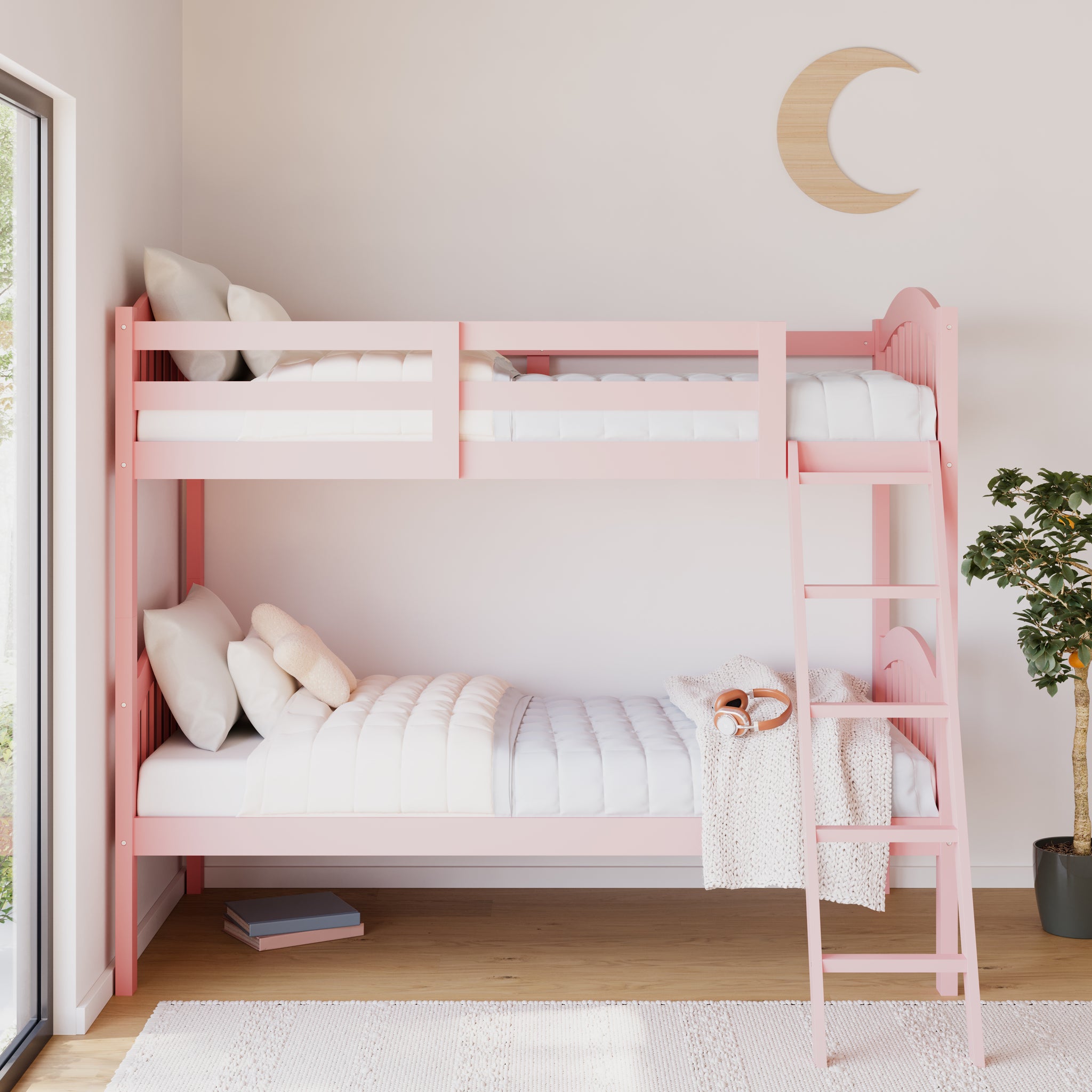 pink bunk bed with fixed ladder side view in nursery