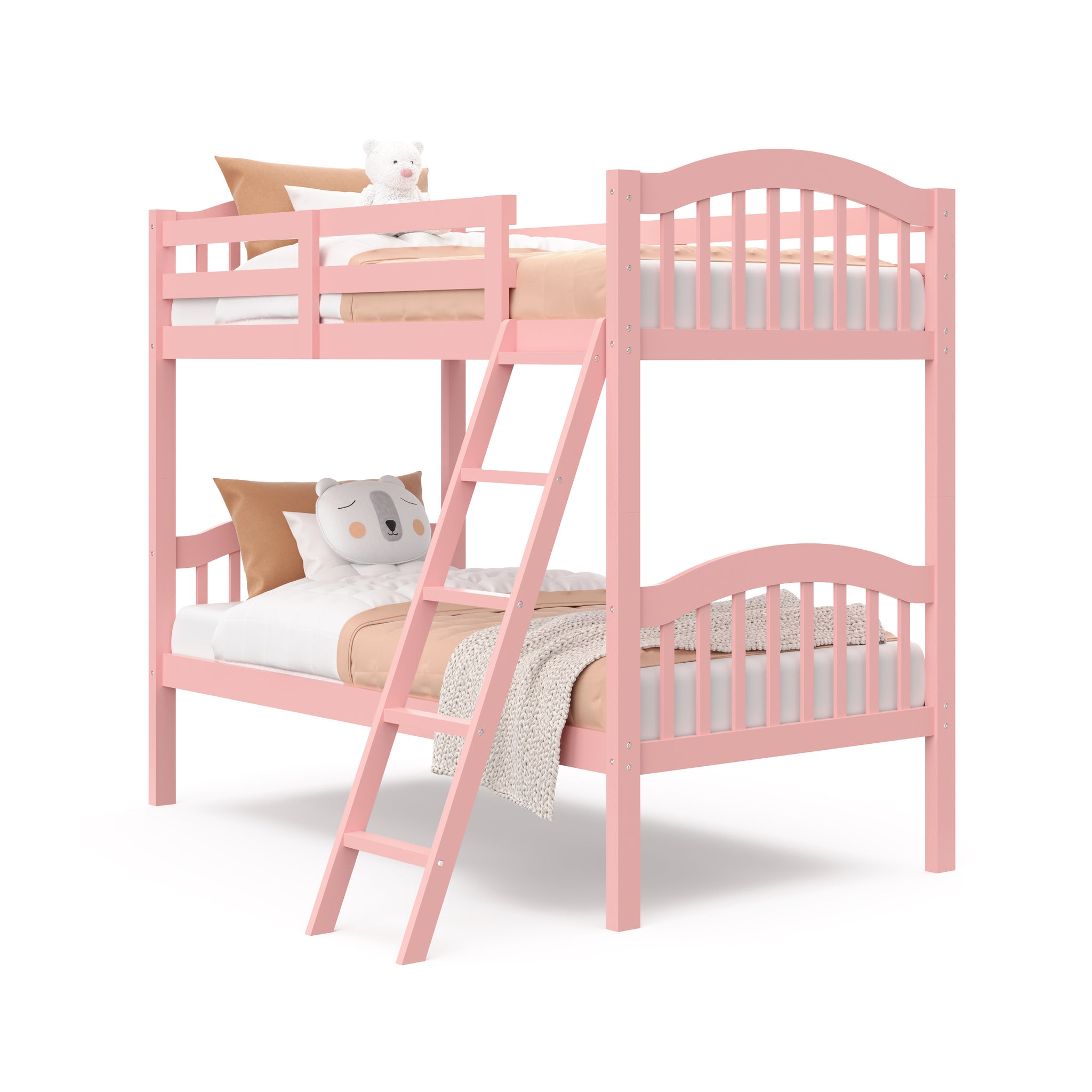 pink bunk bed with fixed ladder side with bedding