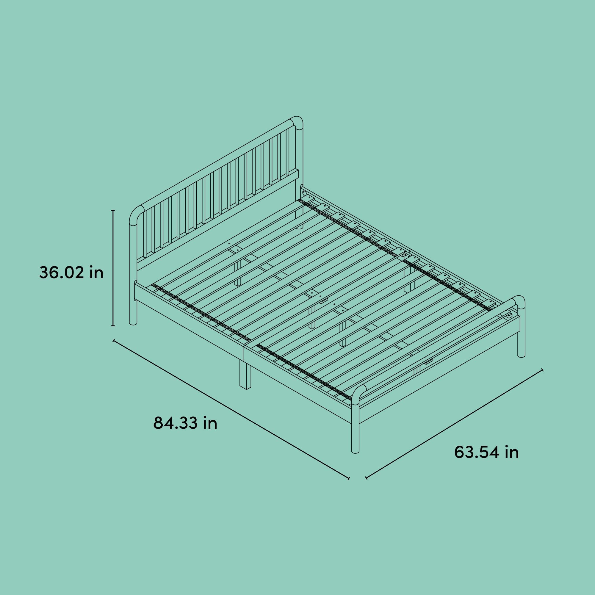 porto queen bed illustration with dimensions
