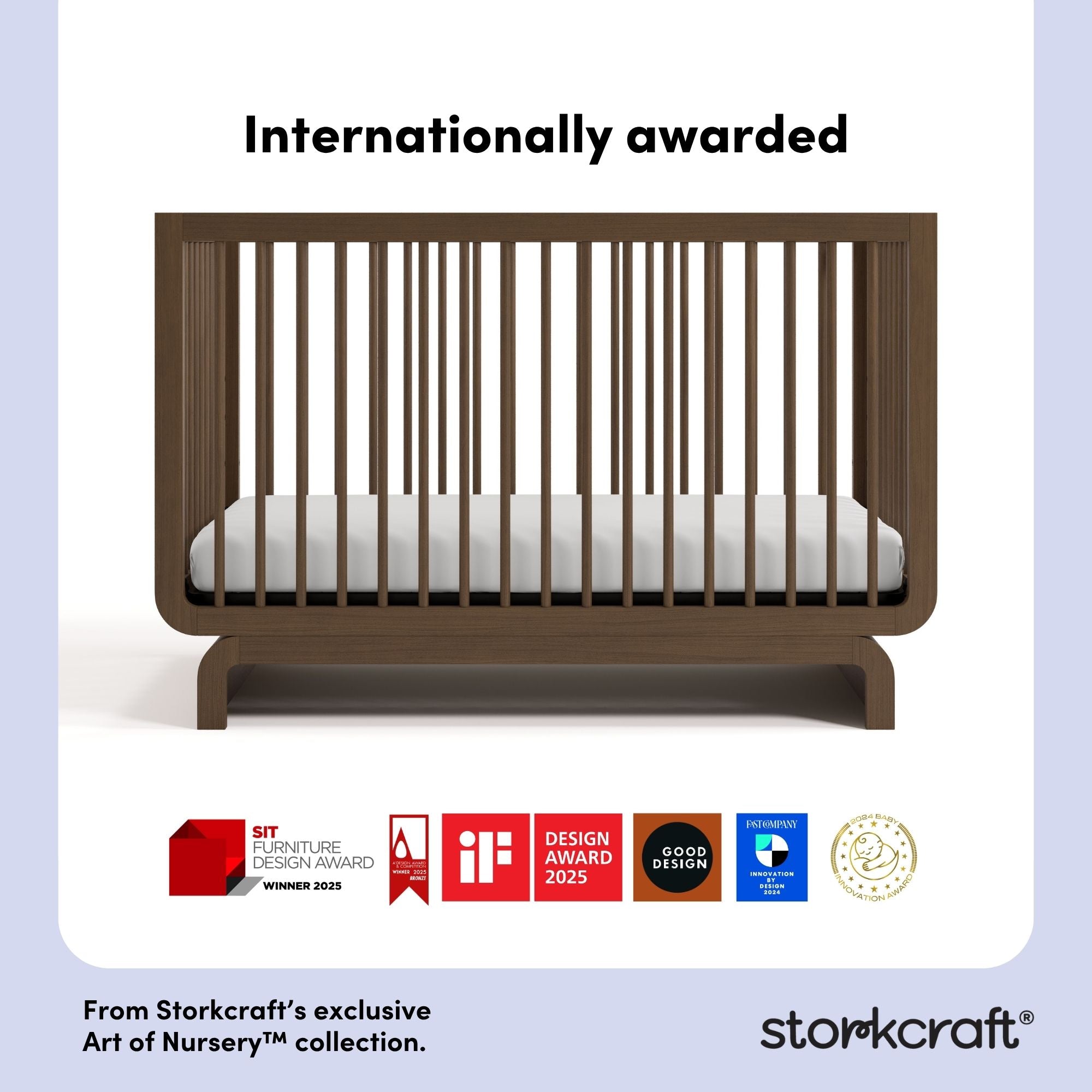storkcraft hazelnut crib with multiple award logos on bottom