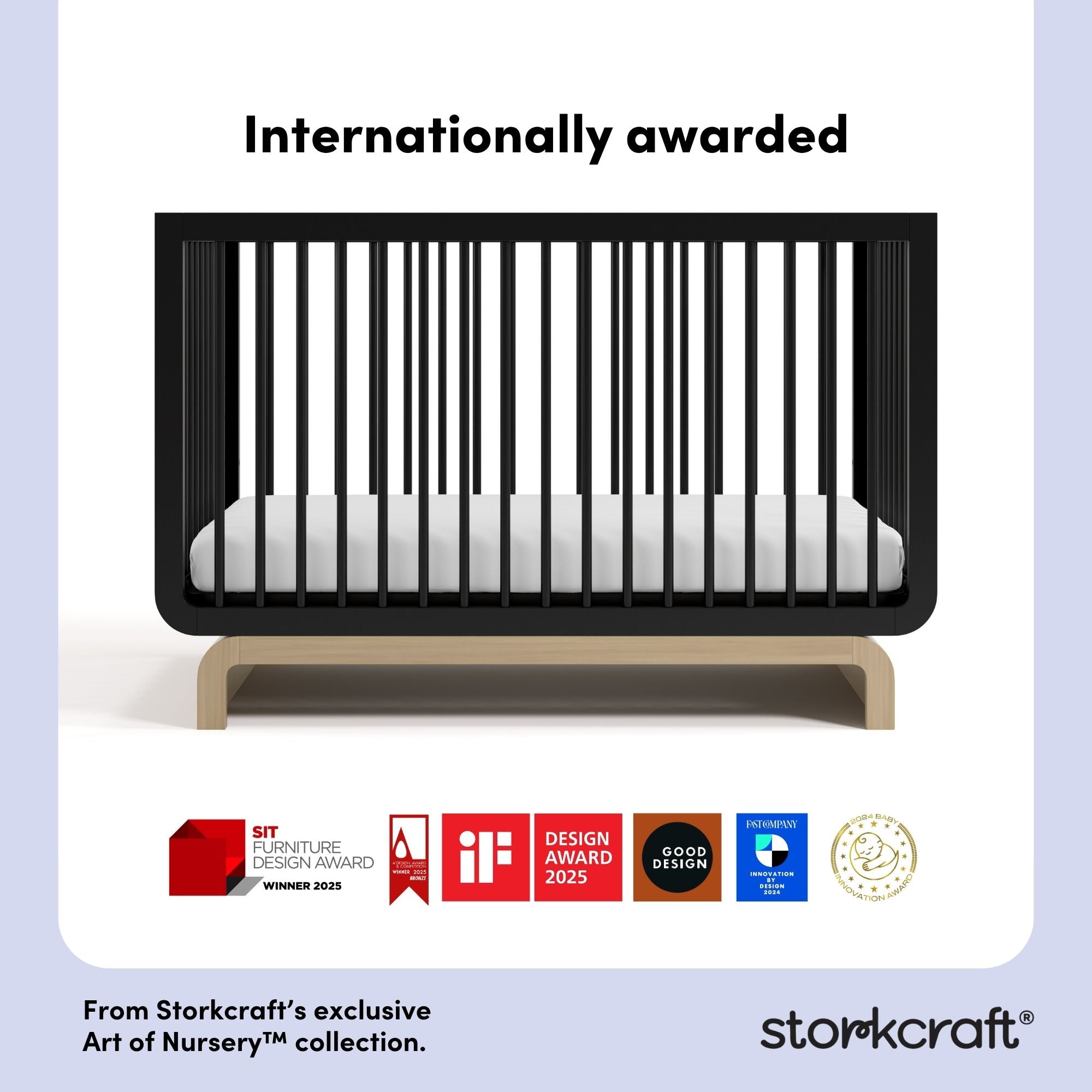 storkcraft black with driftwood crib with multiple award logos on bottom