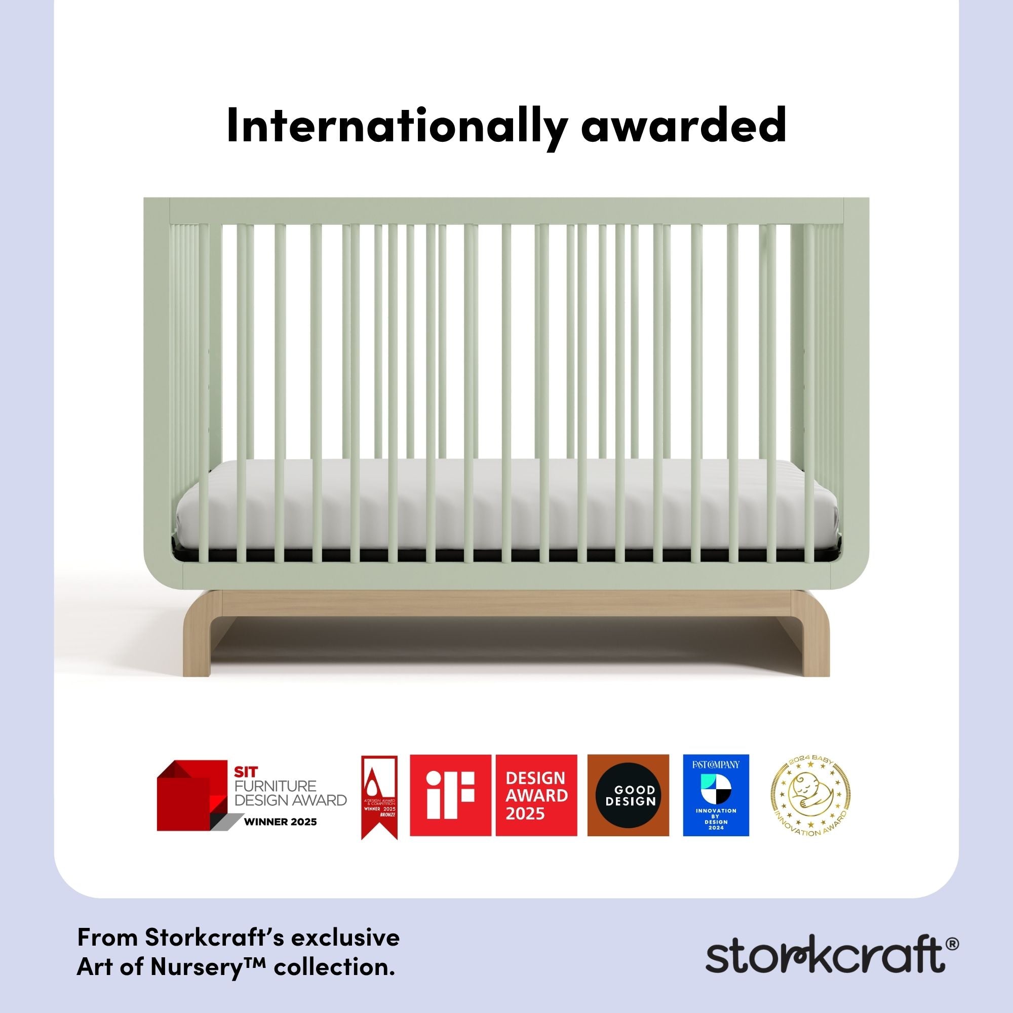 storkcraft sage with driftwood crib with multiple award logos on bottom