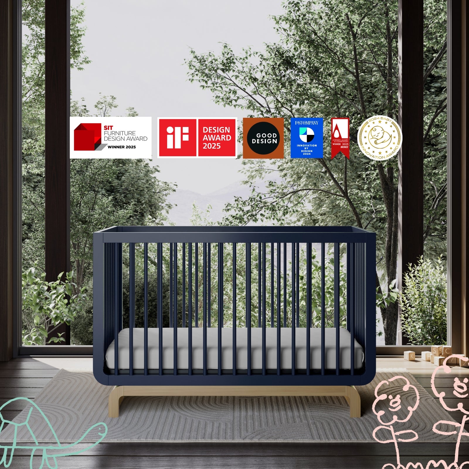 Santorini midnight blue with driftwood crib awards callout
