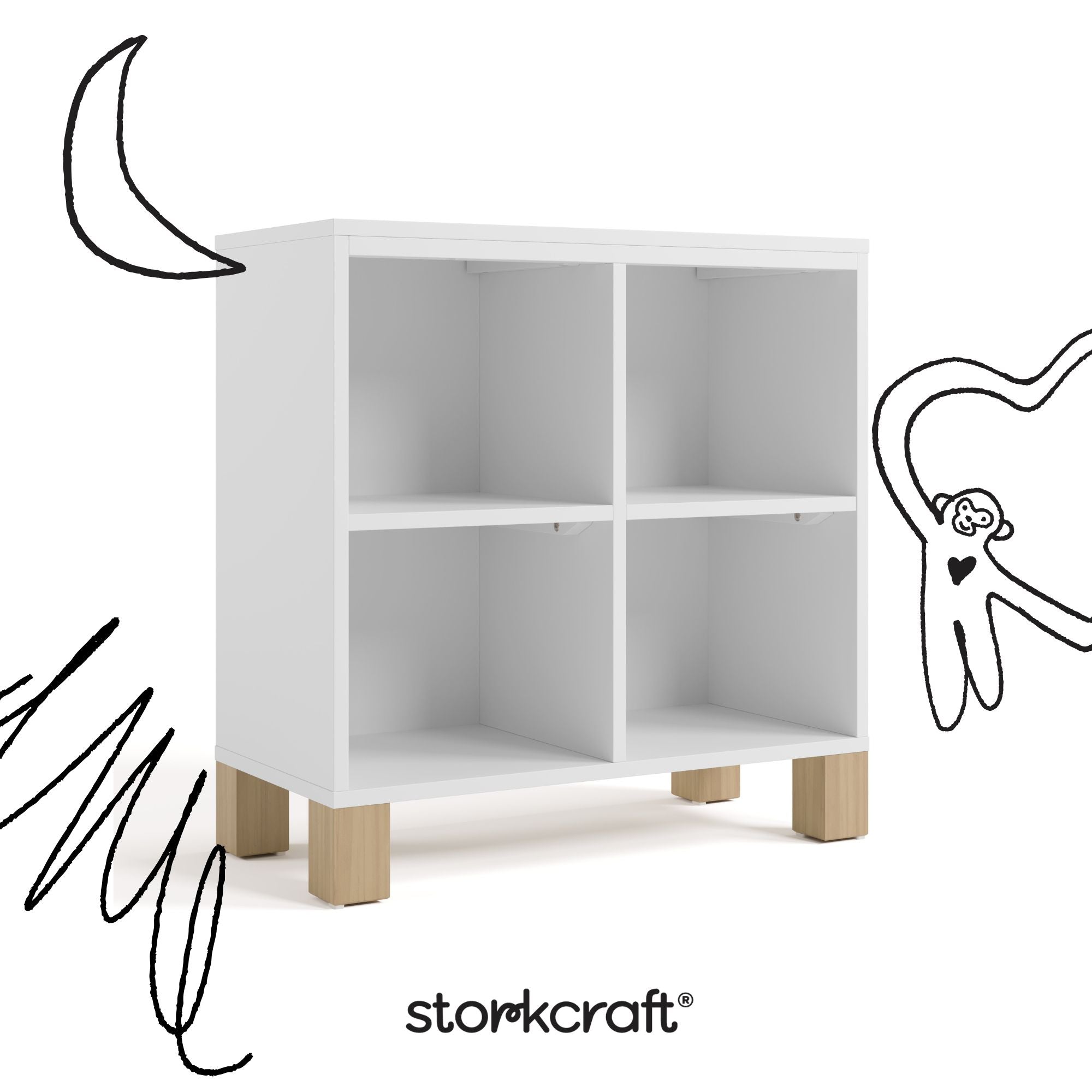 California white with driftwood bookcase with black cartoon drawings