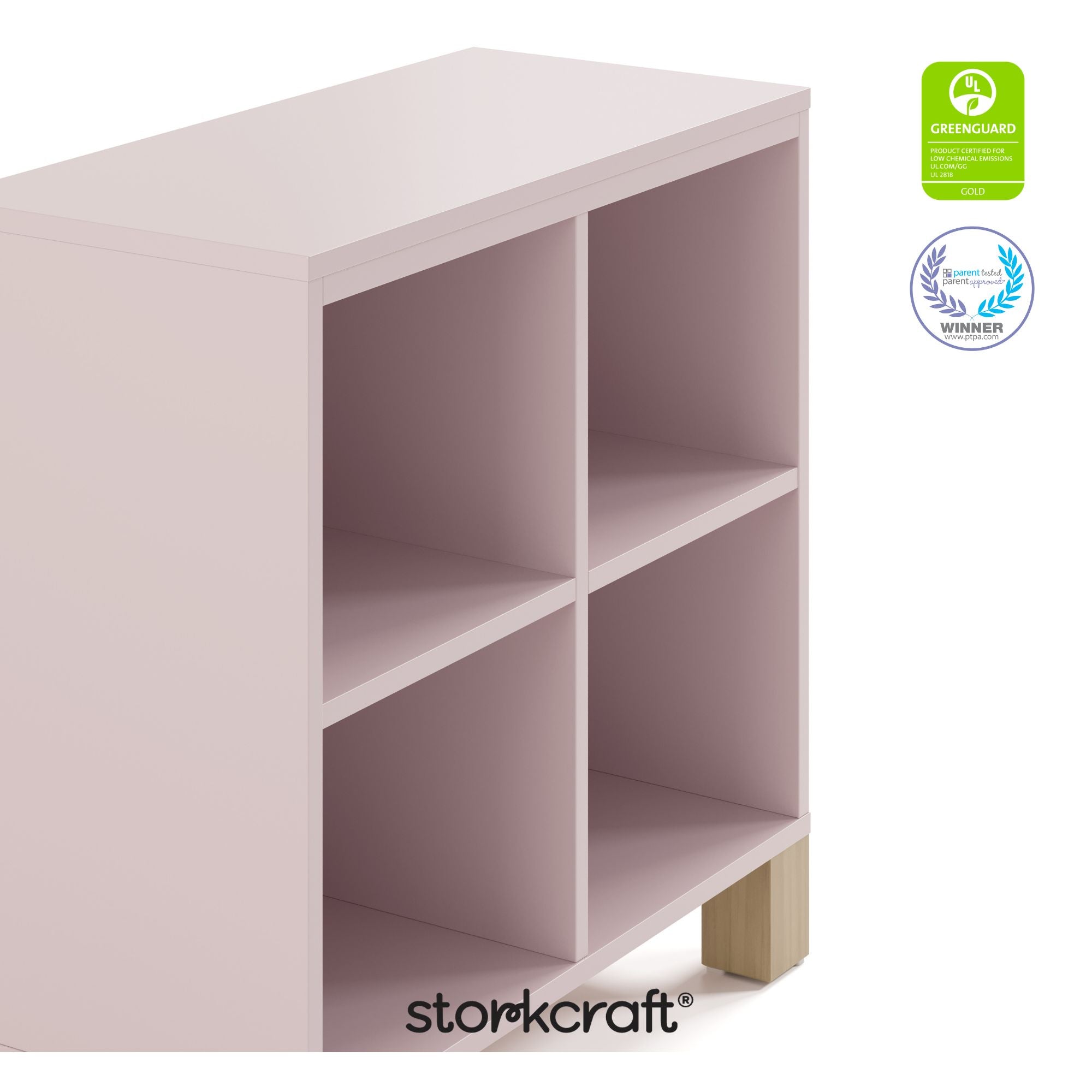 California blush with driftwood bookcase certifications callout
