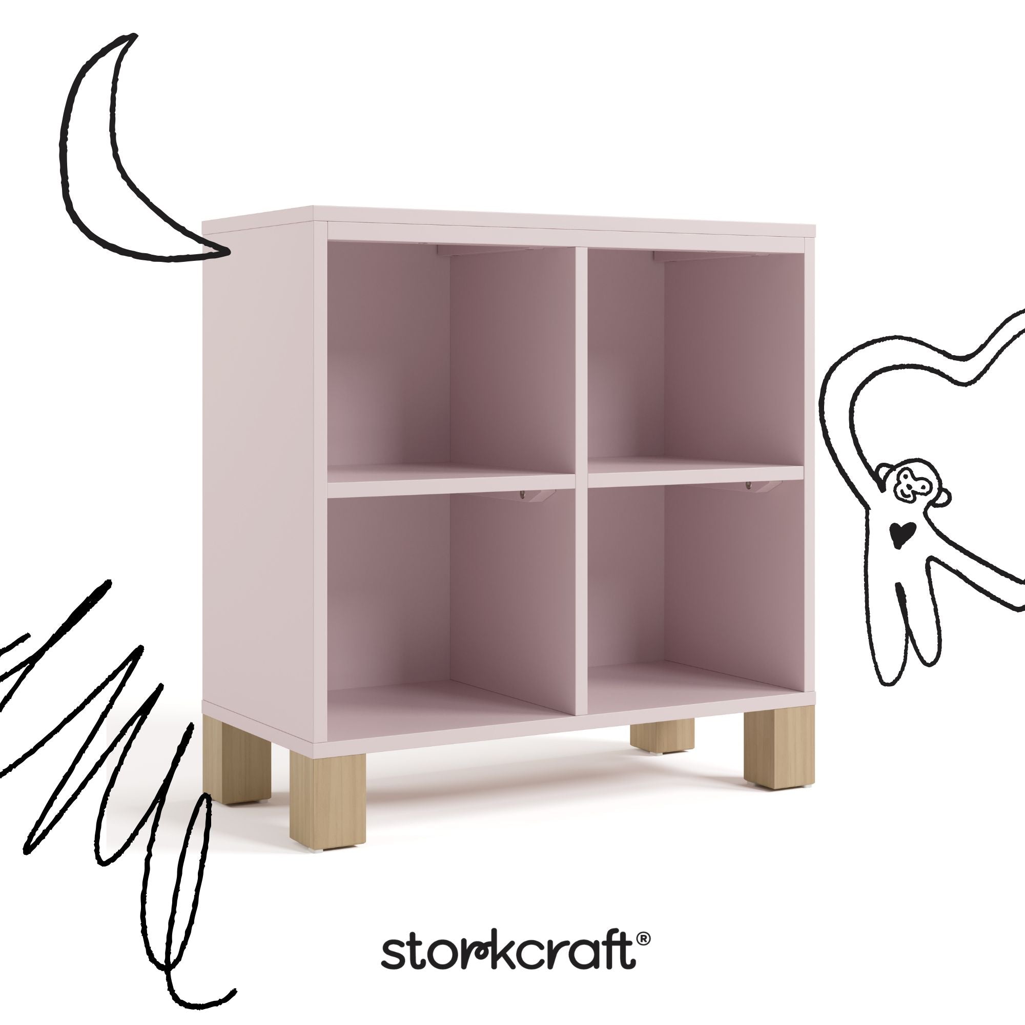 California blush with driftwood bookcase with black cartoon drawings