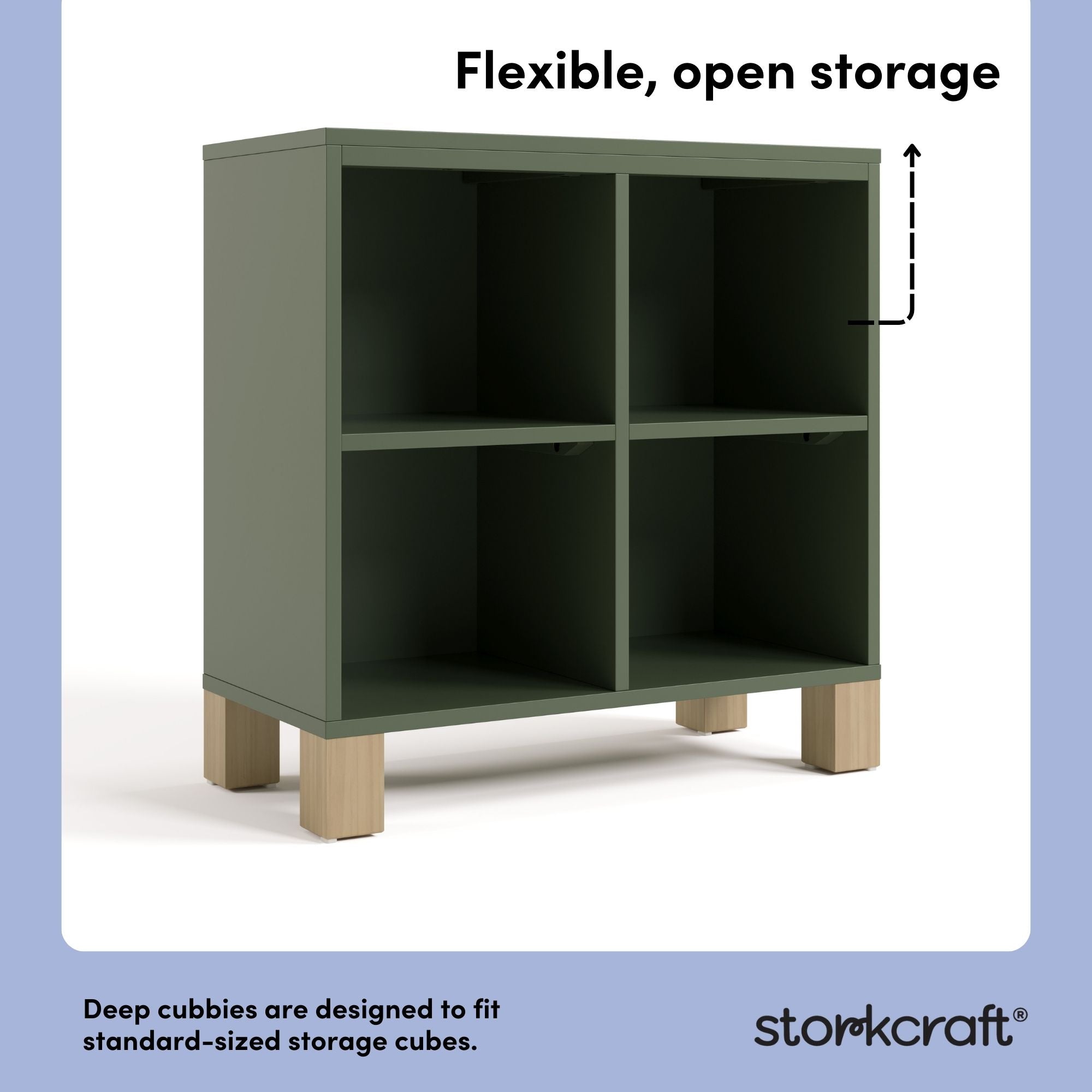 California olive with driftwood bookcase open storage callout