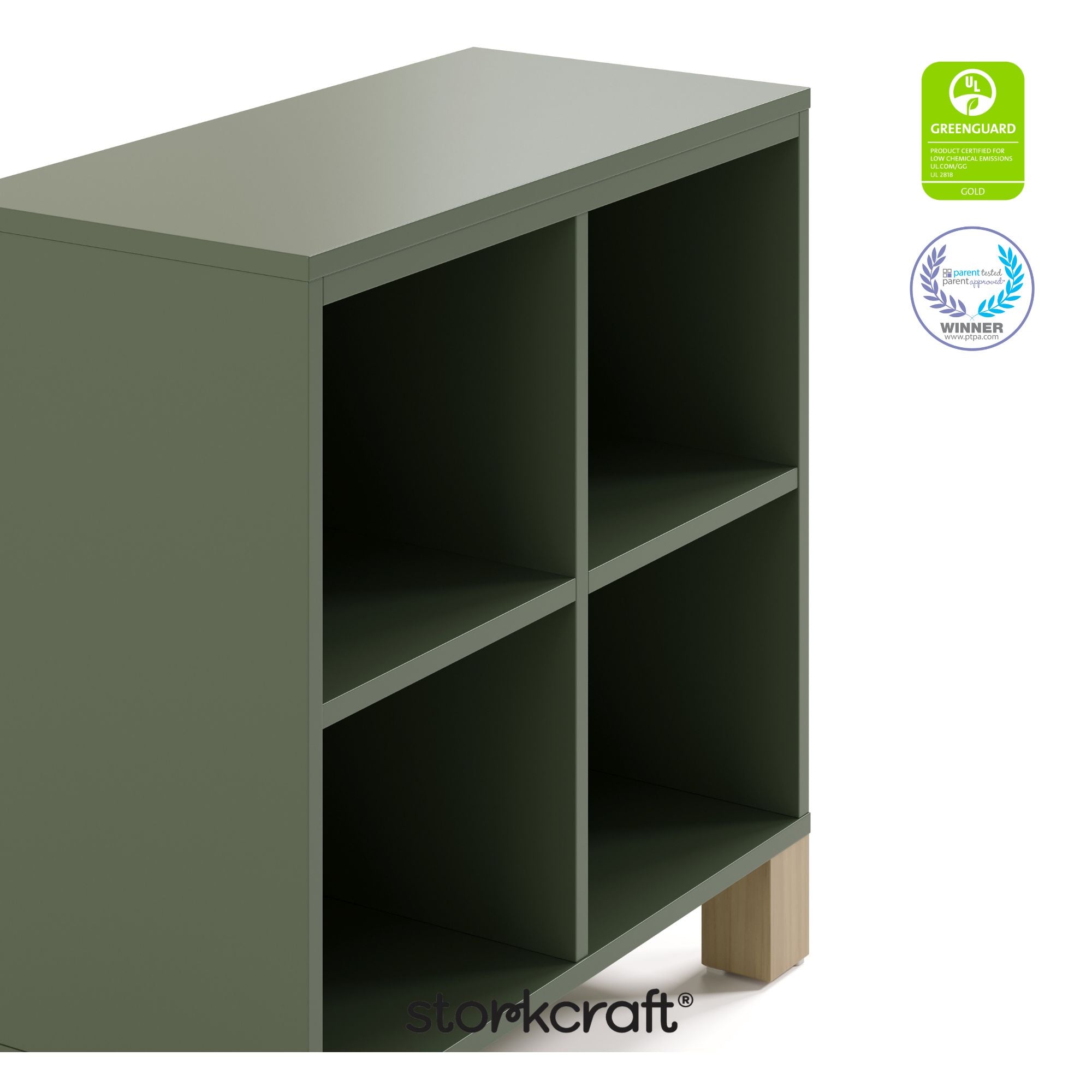 California olive with driftwood bookcase certifications callout