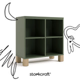 California olive with driftwood bookcase with black cartoon drawings