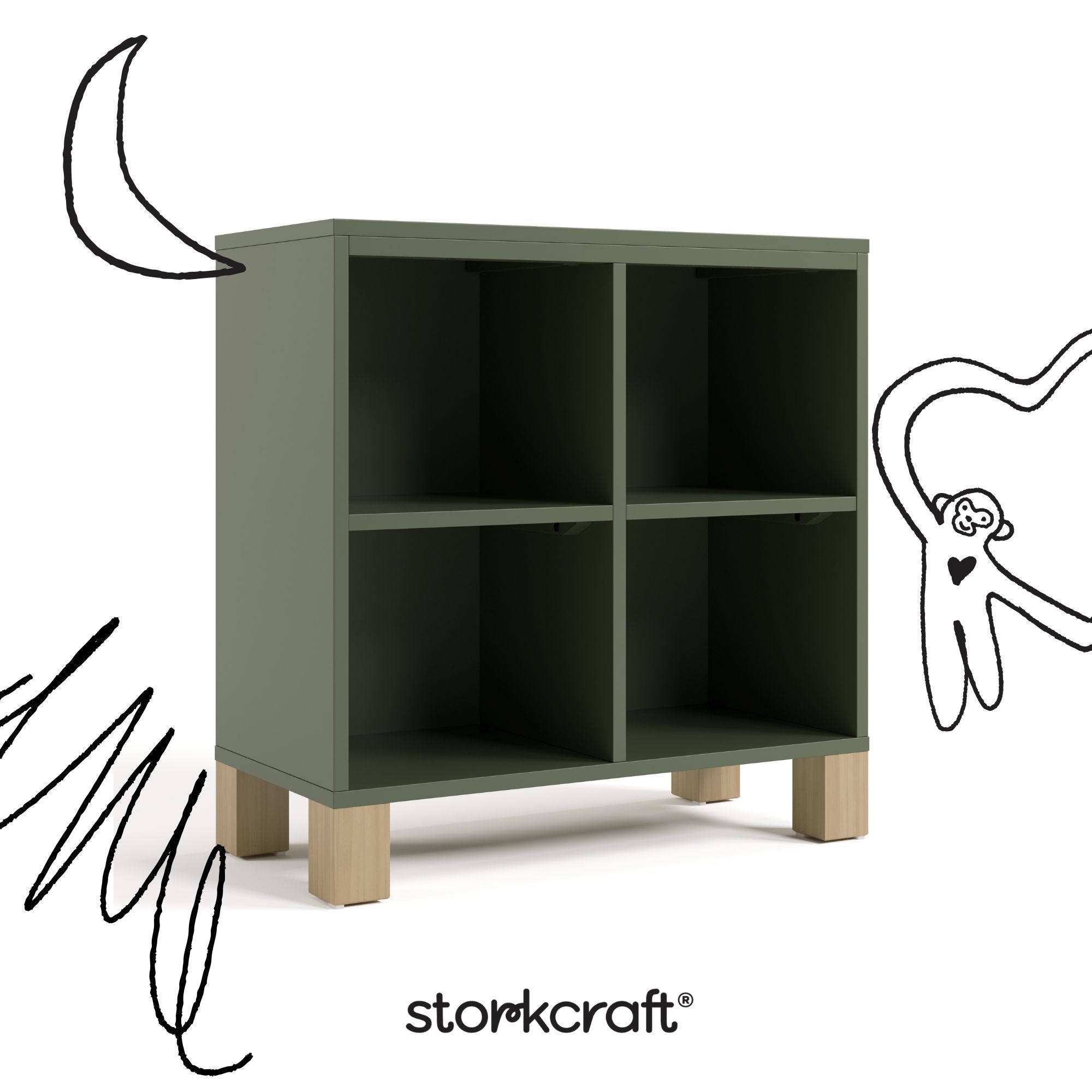 California olive with driftwood bookcase with black cartoon drawings