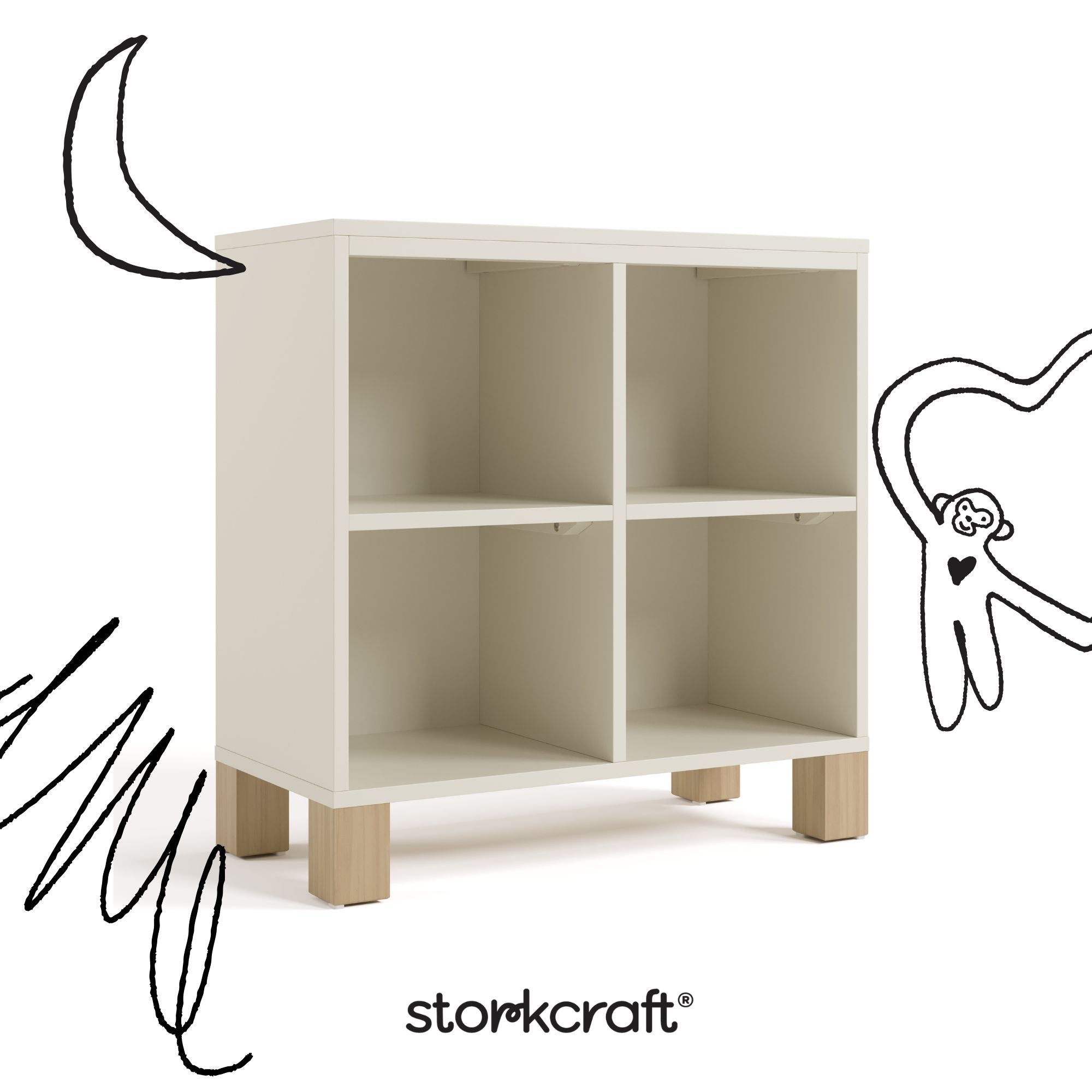 California frosted oat with driftwood bookcase with black cartoon drawings