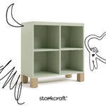 California sage with driftwood bookcase with black cartoon drawings
