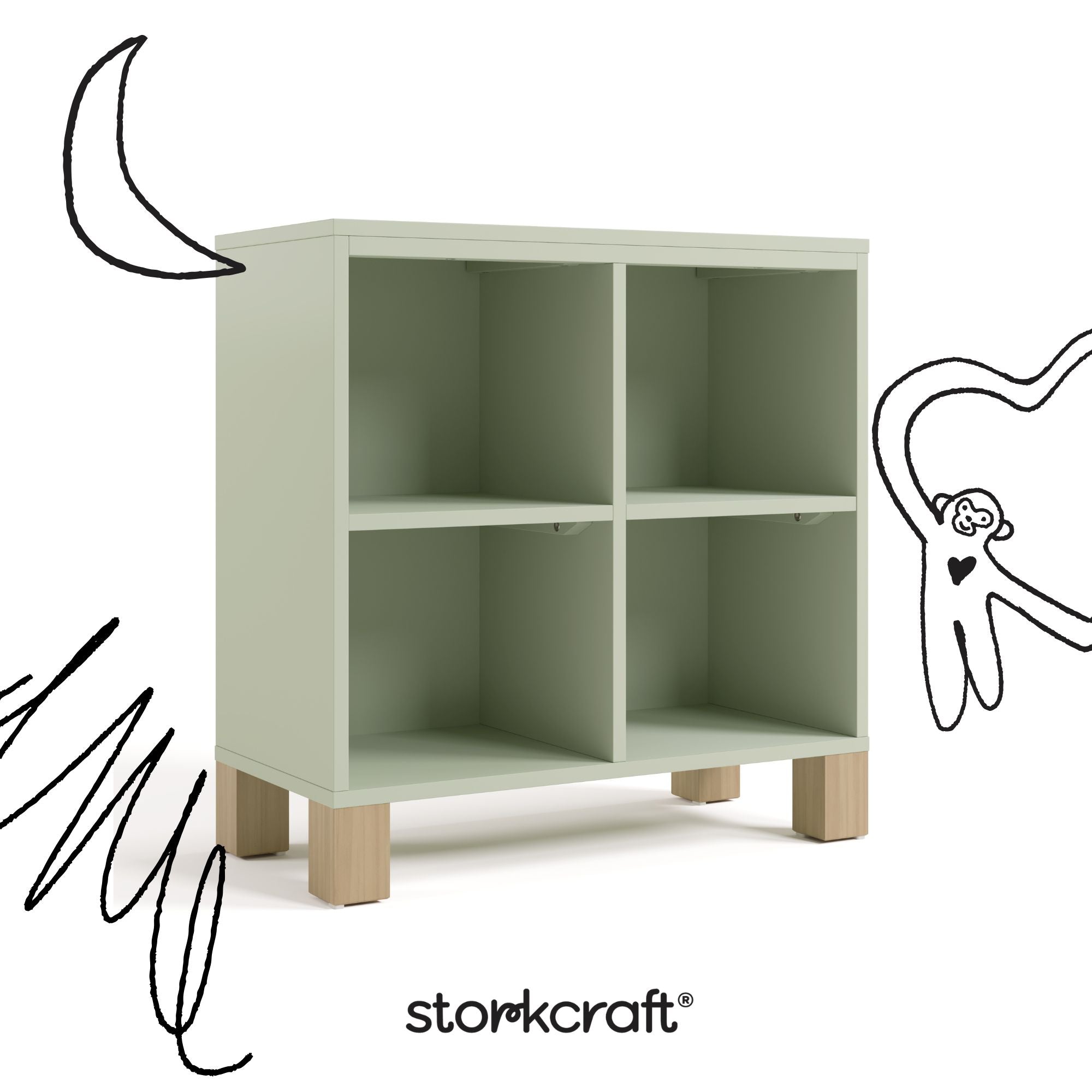 California sage with driftwood bookcase with black cartoon drawings