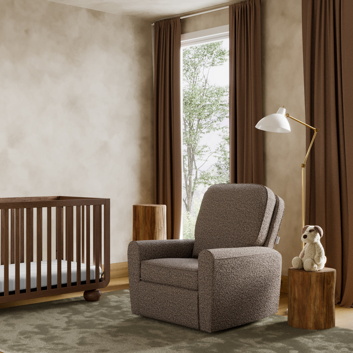 amalfi mountain brown boucle power recliner in nursery next to crib