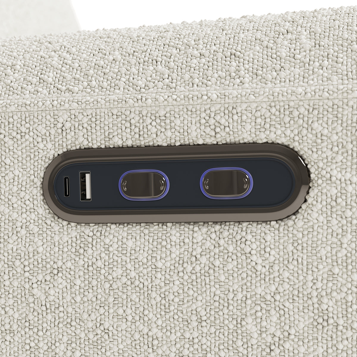 amalfi ivory boucle power recliner dual USB ports and power recline buttons closeup