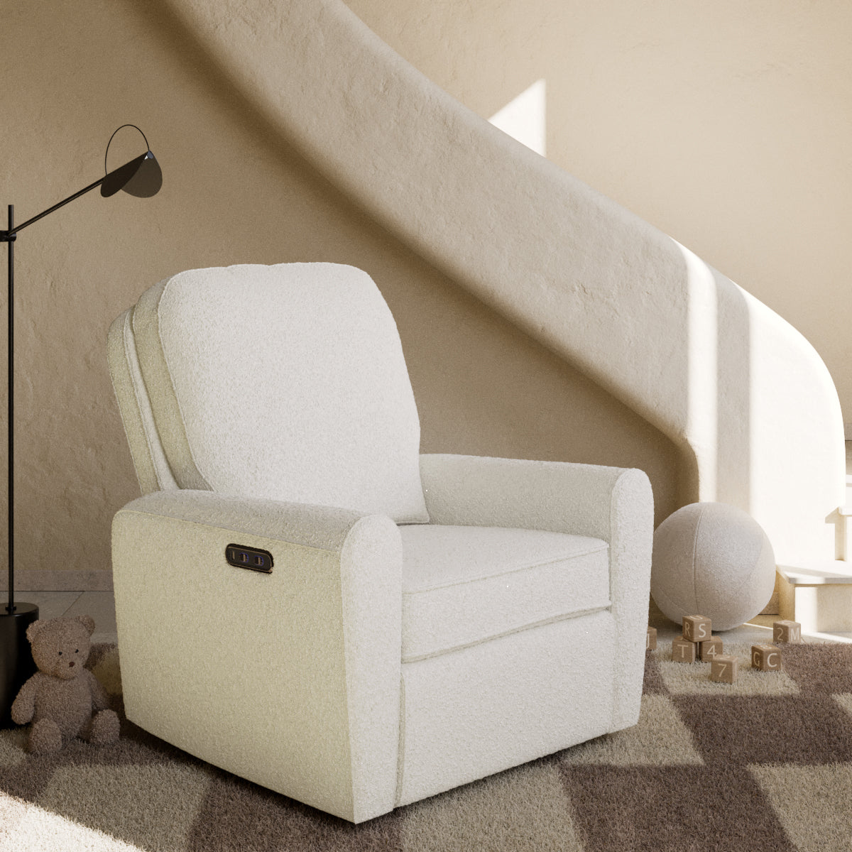 amalfi ivory boucle power recliner in nursery