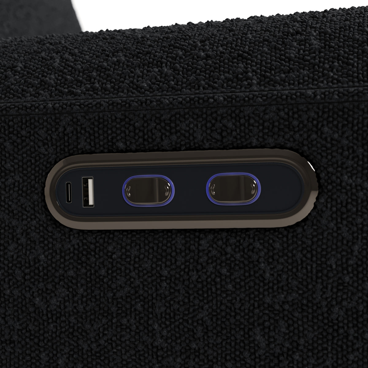 amalfi black boucle power recliner dual USB ports and power recline buttons closeup