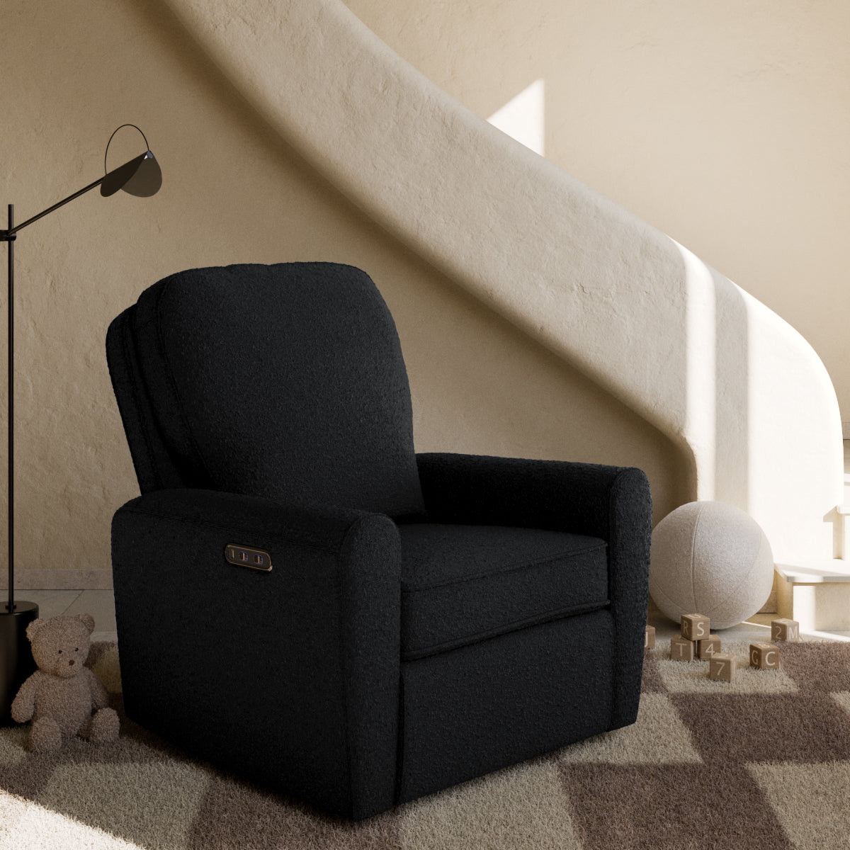 amalfi black boucle power recliner in nursery