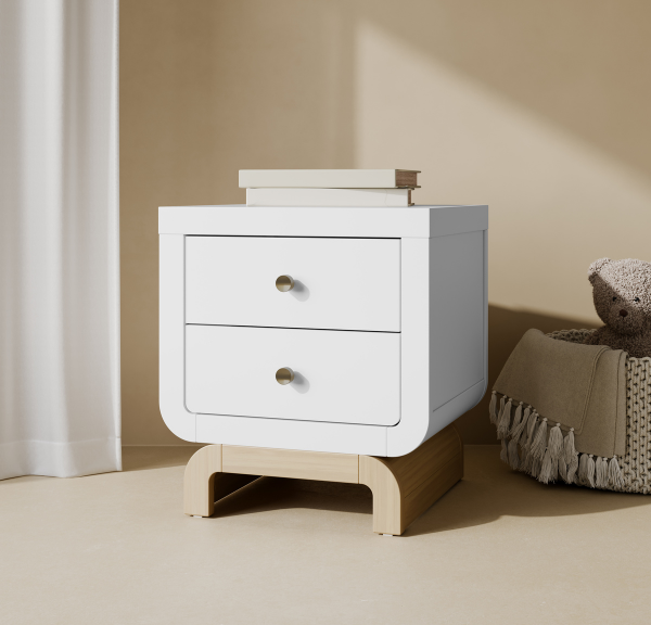 White bedroom nightstand with natural wood curved base, and metal gold knobs