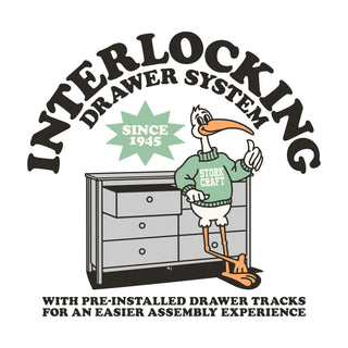 Stork cartoon with Interlocking drawer system text