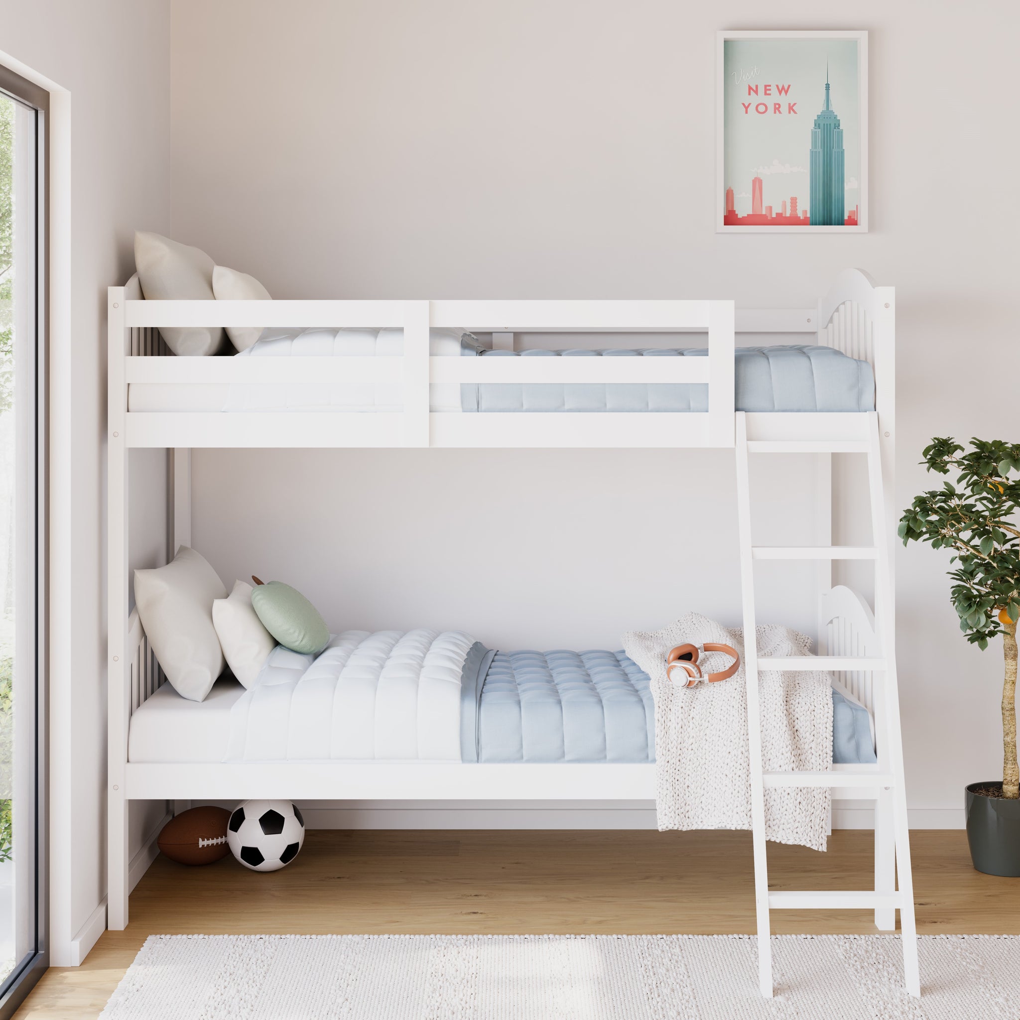 white bunk bed with fixed ladder side view in nursery