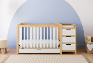 white with natural crib with drawer and changer in nursery